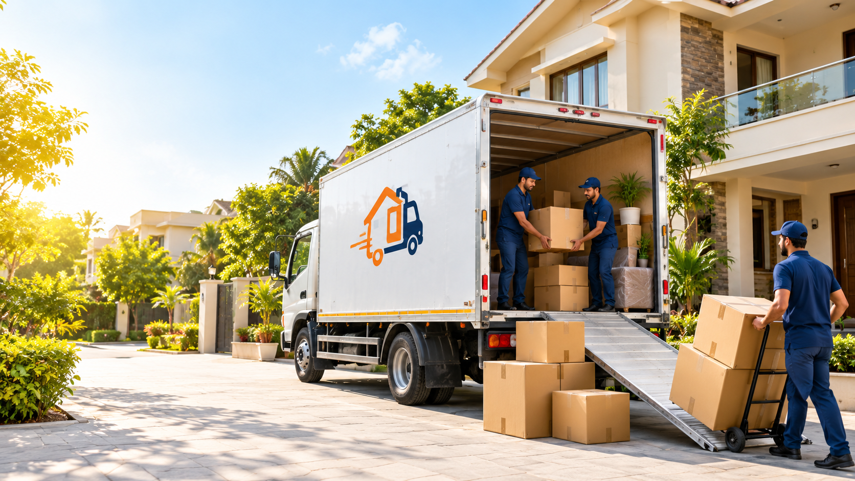 Professional movers loading packed boxes into a moving truck outside a residence