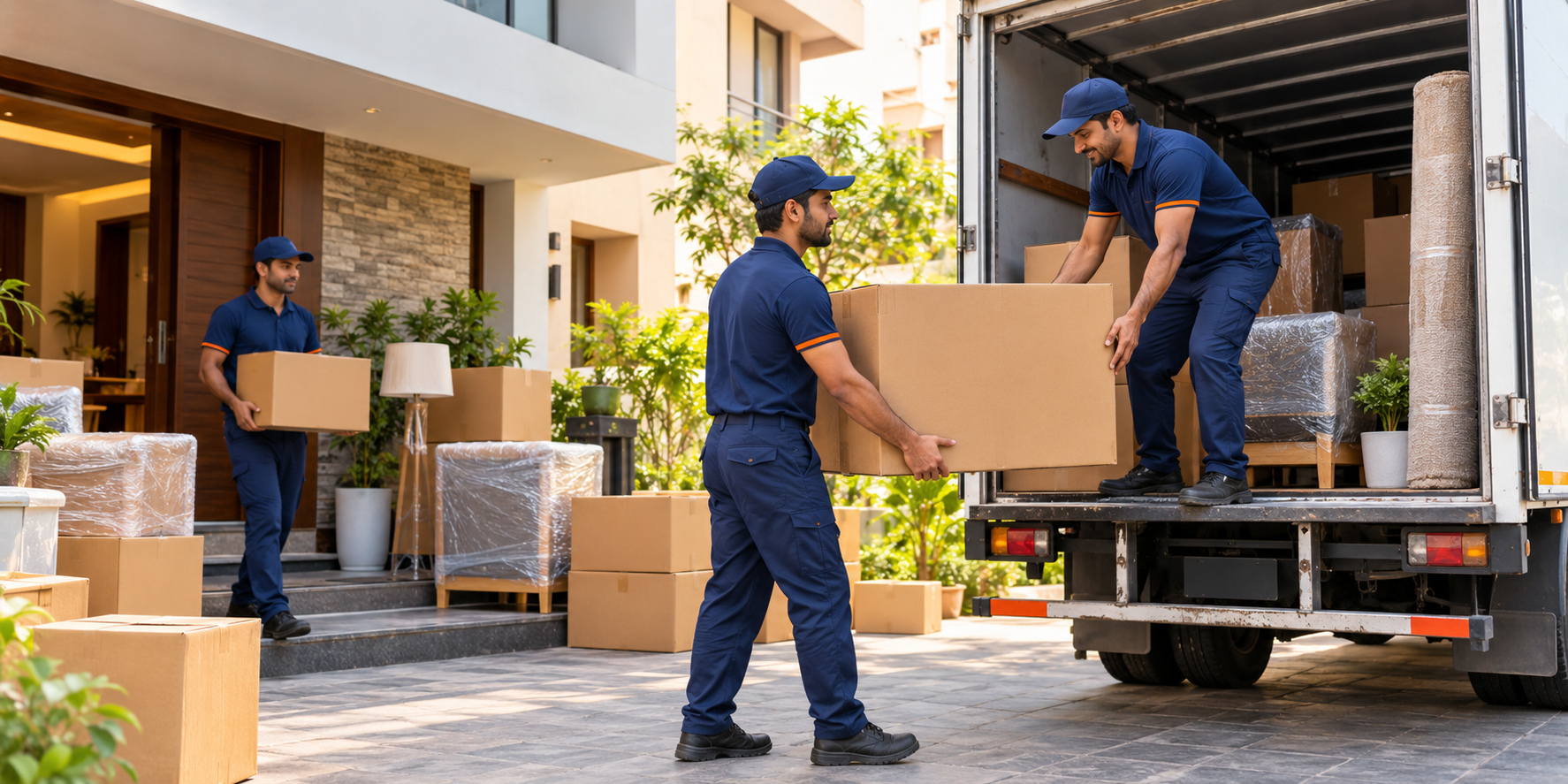 Galaxy Packers and Movers team handling packed boxes beside a truck